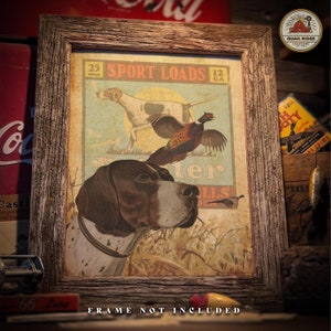 May include: Vintage hunting poster featuring a brown and white dog, a pheasant, and a pointer dog. The poster has the text "Sport Loads 12 GA" and "Quail Ridge Creations" in the top right corner.