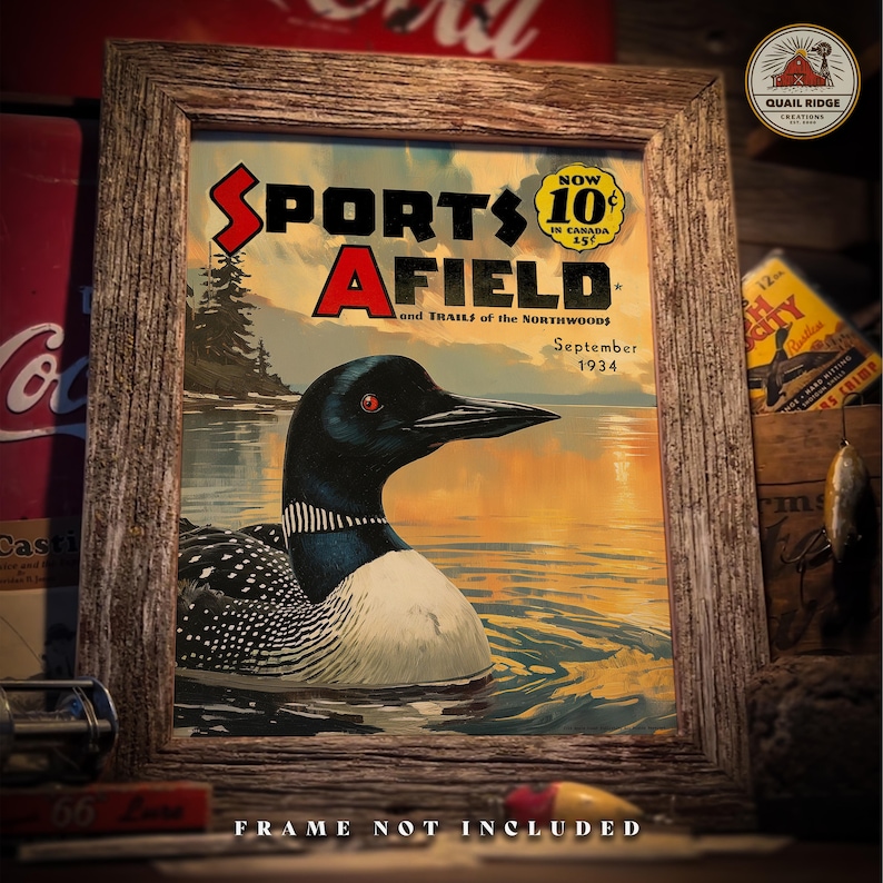 May include: A vintage magazine cover featuring a loon swimming in a lake. The magazine is called "Sports Afield" and the cover date is September 1934. The cover also includes the text "Now 10&cent; in Canada 15&cent;".