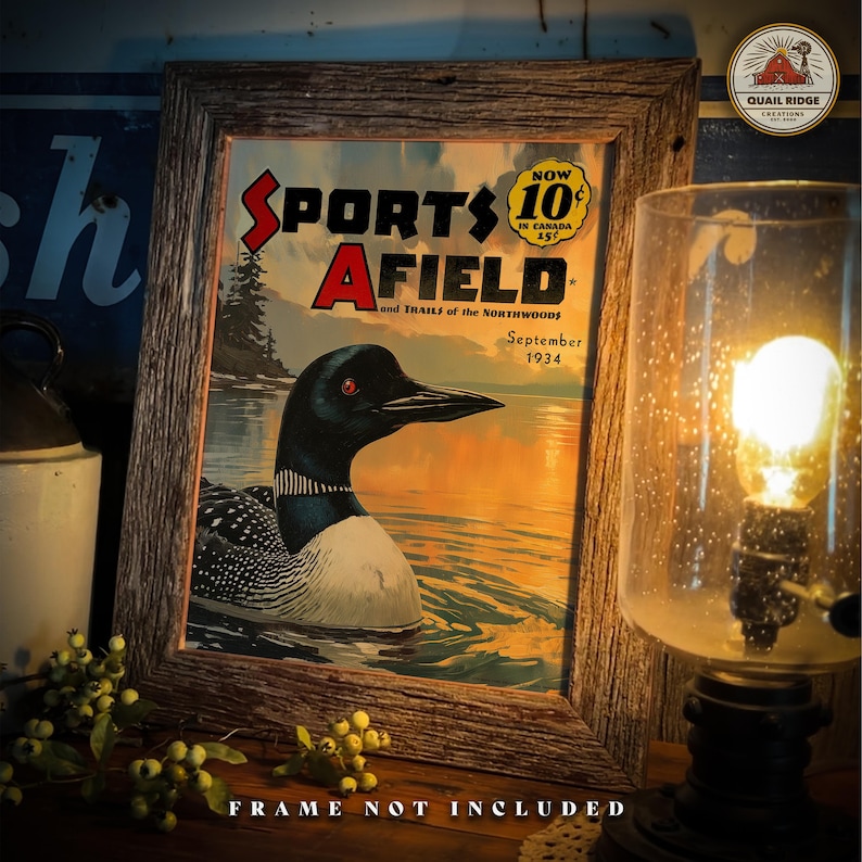 May include: A vintage magazine cover featuring a loon swimming in a lake at sunset. The magazine is titled "Sports Afield" and the cover date is September 1934. The text "Now 10&cent; in Canada 15&cent;" is also visible on the cover.