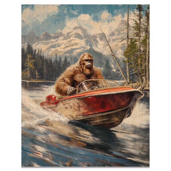 Sasquatch Motorboat Art Print: Bigfoot in Speedboat, Cabin Wall