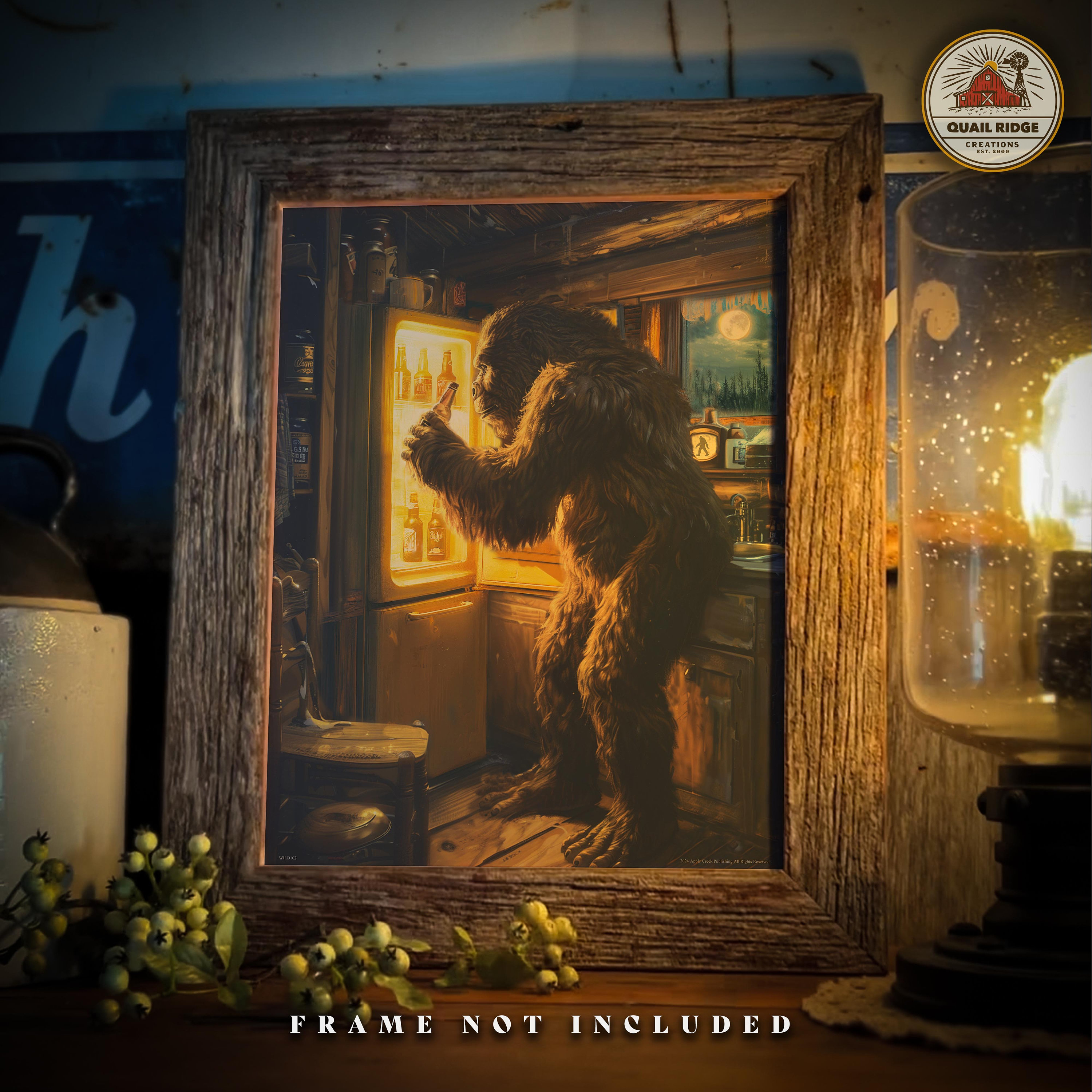 Sasquatch Beer Art Print: Bigfoot in Cabin, Vintage Wall Decor