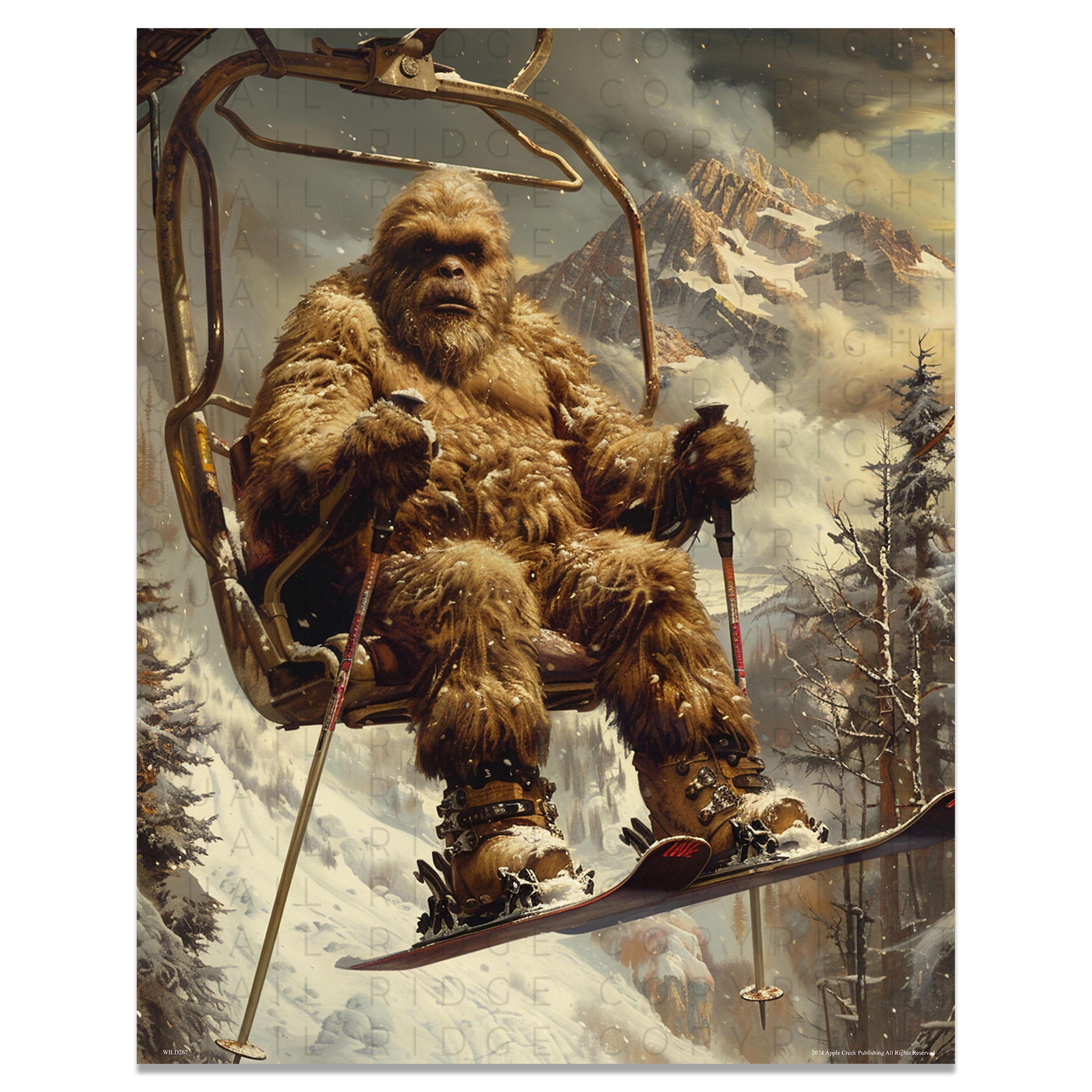 Sasquatch Skiing Art Print: Bigfoot on Ski Lift, Cabin Wall Decor
