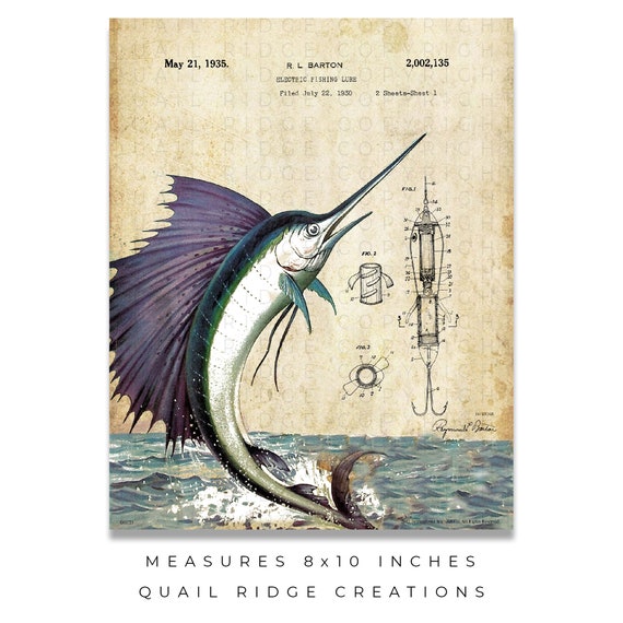 Vintage Fishing Lures Patent Art Print 8x10 Unframed Sailfish Deep Sea  Fishing Hunting Cabin Wall Decor 