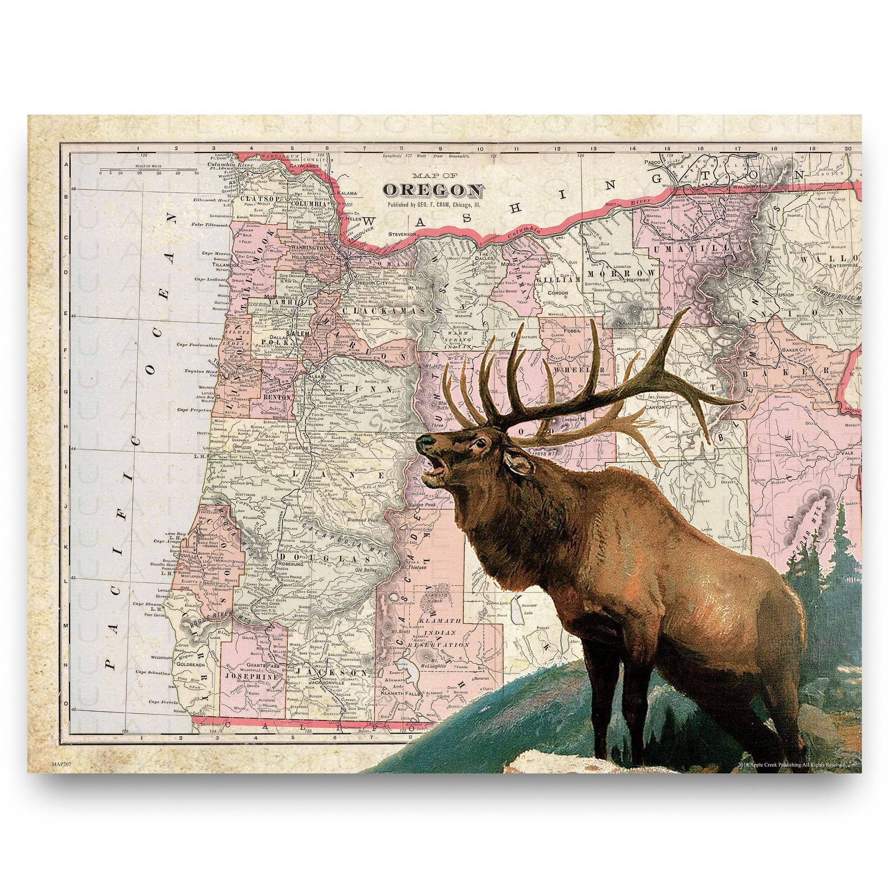 Vintage Oregon State Map Art Print: Wildlife Elk Cabin Wall Decor - Etsy