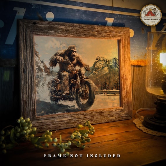 Vintage Bigfoot Motorcycle Art Print: Black Hills Biker Poster