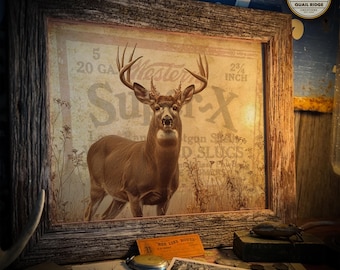 May include: Framed rustic artwork featuring a deer with large antlers. The artwork has a vintage aesthetic, with text that reads "Western Su-X" and "2 3/4 INCH". The frame is made of weathered wood. The text "FRAME NOT INCLUDED" is at the bottom.