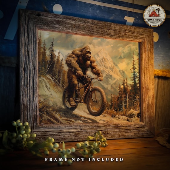 Sasquatch Mountain Bike Art Print: Bigfoot Cycling Poster (11x14 Inches)