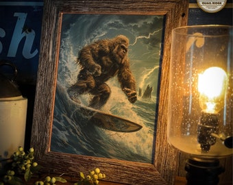 Sasquatch Surfing Art Print: Bigfoot on Surfboard, Beach House