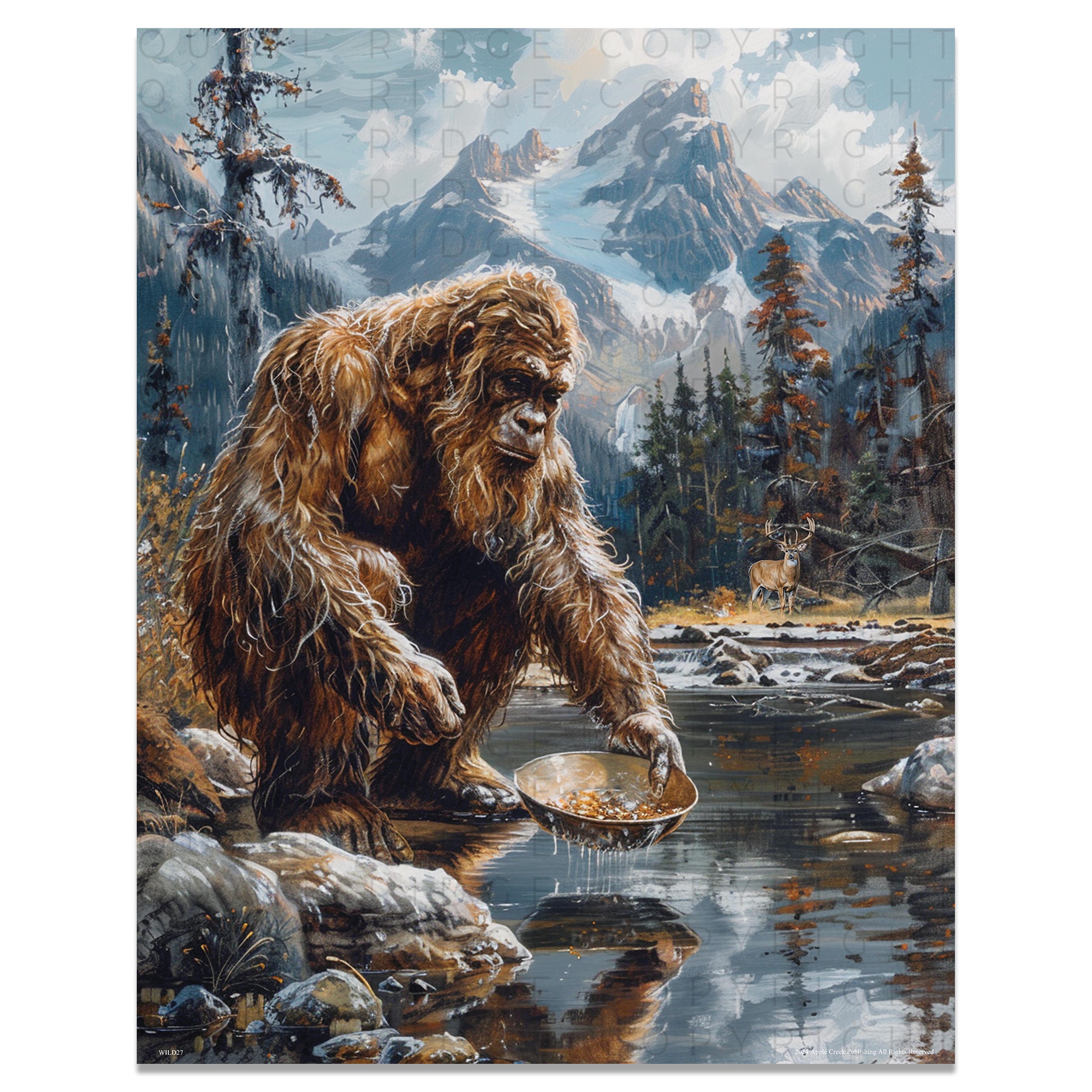 Vintage Bigfoot Art Print: Sasquatch Gold Panning Wall Decor