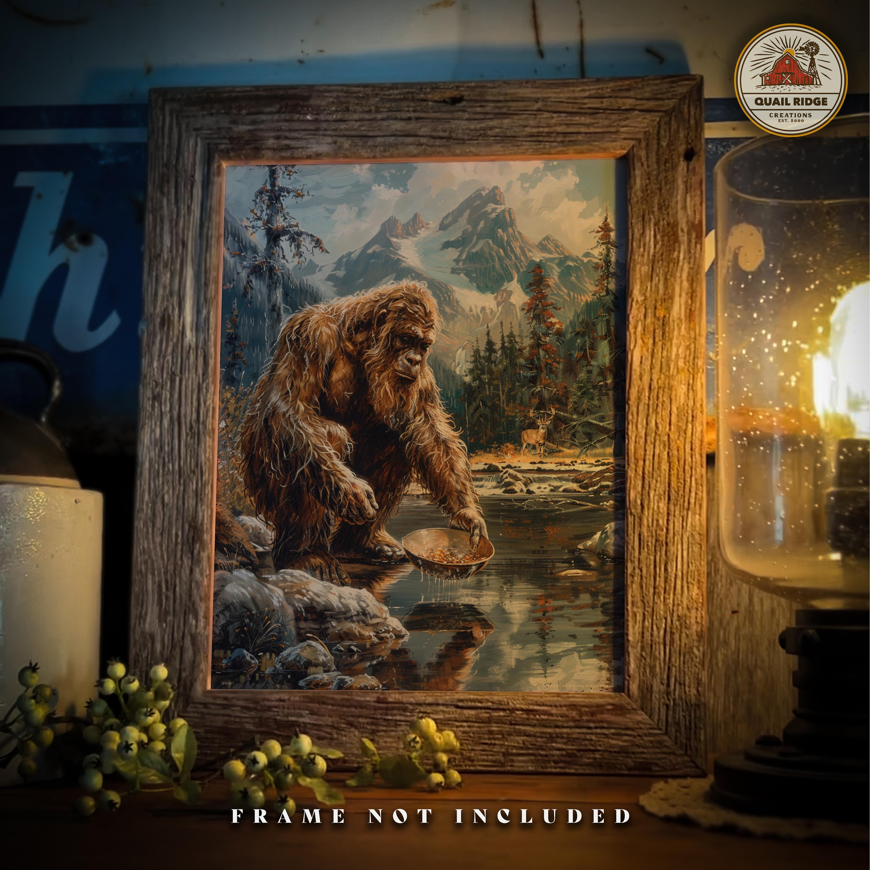 Vintage Bigfoot Art Print: Sasquatch Gold Panning Wall Decor