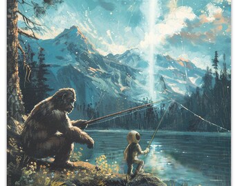 絵画 BIGFOOT Vintage Bigfoot Art Print: Sasquatch & Alien Fishing Buddies