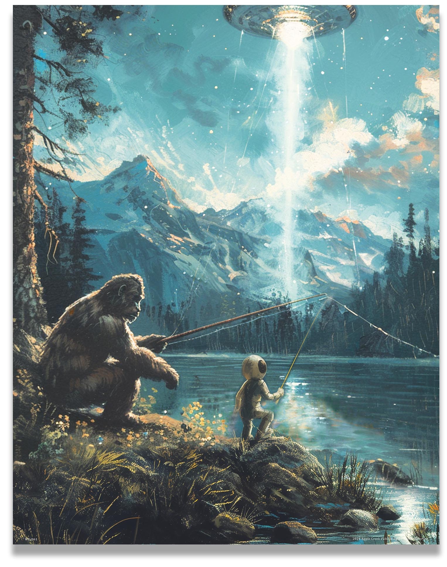Vintage Bigfoot Art Print: Sasquatch & Alien Fishing Buddies