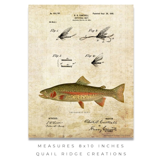 Vintage Fly Fishing Lures Patent Art Print 8x10 Unframed Rainbow