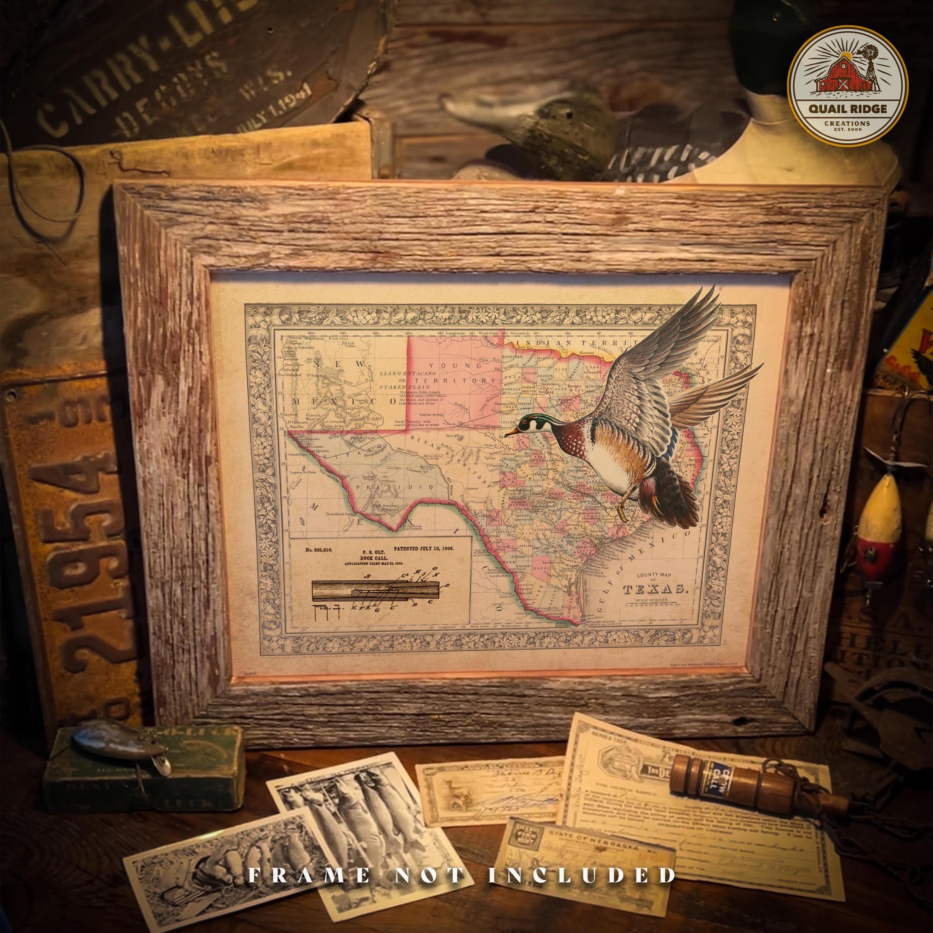 Vintage Texas Map Art Print: Duck Hunting Decor (11x14 Unframed