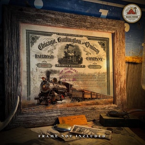Impresión artística de tren antiguo, 11 x 14, sin marco, locomotora de vapor, certificado de bolsa de valores, obra de arte, decoración de pared, regalo de coleccionista de trenes