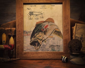 Pode incluir: Um desenho de patente vintage de um isco de pesca com um baixo saltando para fora da água e mordendo o isco. O desenho de patente é emoldurado em uma moldura de madeira marrom. O texto no desenho de patente diz "Aug. 23, 1935. J. E. Breuer. Fish Lure. Filed Dec. 13, 1933. 2,127,639. Fig. 1. John Edward Breuer."