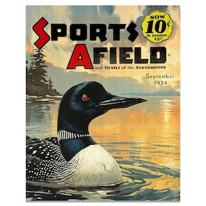 May include: A vintage magazine cover for "Sports Afield" featuring a loon swimming in a lake at sunset. The cover text reads "Sports Afield and Trails of the Northwoods" and "September 1934". The price is listed as "10&cent;" with "15&cent;" in Canada.