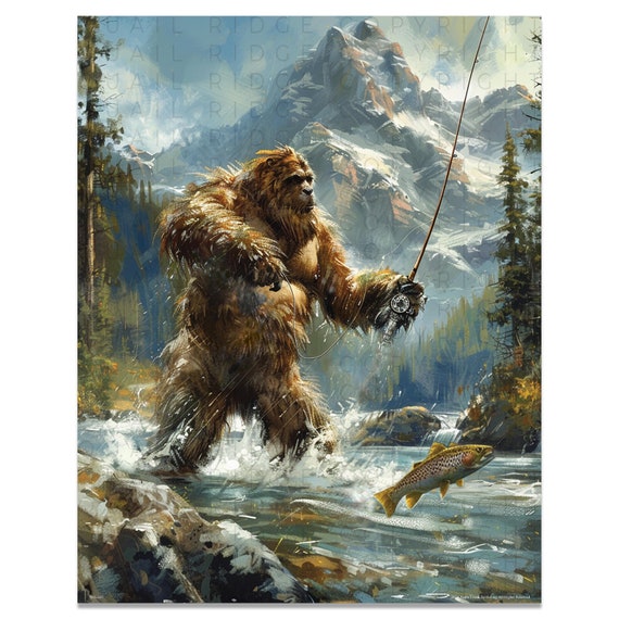Bigfoot キャンバスアート 作品 手書き Vintage Sasquatch Fishing Art Print: Bigfoot Trout Decor (11x14