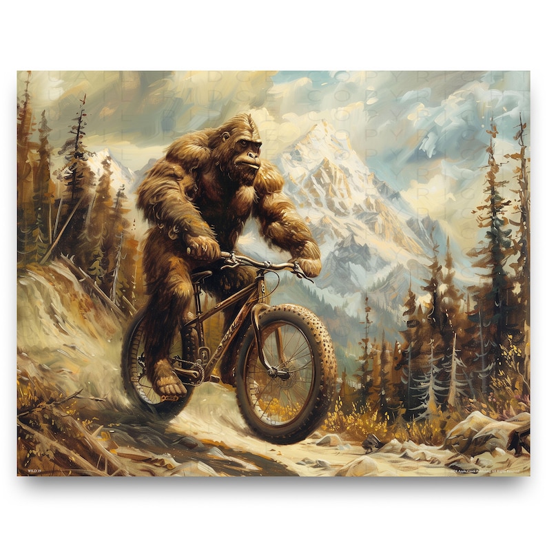 May include: A brown Bigfoot riding a mountain bike on a dirt path in a snowy mountain landscape. The bike has large tires and a brown frame.