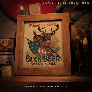 Impresión artística publicitaria de cerveza vintage Buck de 8 x 10 pulgadas sin marco, ciervo de cola blanca, caza, pesca, cabaña, bar, cervecería, pub, decoración de pared para el hogar, regalo