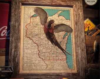 Vintage Wisconsin State Map Poster Art Print 11X14 Unframed Pheasant Hunting Fishing Gift Farm Office Lake Home Cabin Artwork Wall Decor