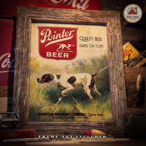 Impresión artística de perro pointer inglés, 11 x 14, para pesca, caza, cabaña, obra de arte, cartel publicitario vintage con lata de cerveza, decoración de pared, regalo de Breweriana