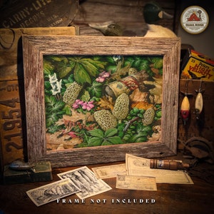 Impresión artística de setas morillas, 11 x 14, sin marco, arte de cerveza Schlitz, obra de arte de caza de setas morillas, cabaña de pesca, decoración de pared, regalo de cazador de setas