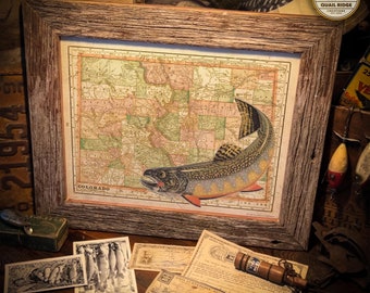 Vintage Colorado State Map Art Print 11X14 Unframed Wildlife Artwork Brook Trout Fly Fishing Lures Hunting Cabin Rustic Wall Decor Gift