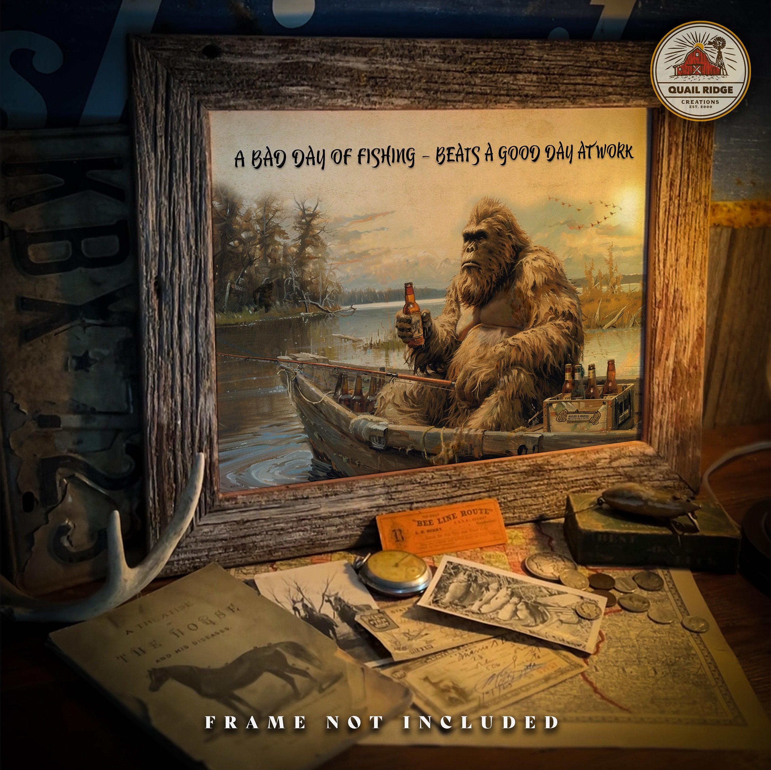 Vintage Bigfoot Fishing Art Print: Sasquatch Cabin Decor (11x14