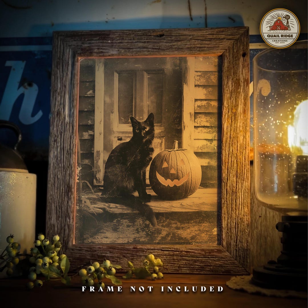 Vintage Halloween Black Cat Art Print: Spooky Jack O' Lantern Decor ...