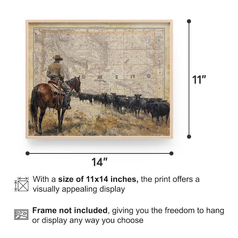 May include: A vintage-style print of a cowboy riding a horse with a herd of cattle in the background. The print is framed in a light wood frame and measures 11x14 inches.