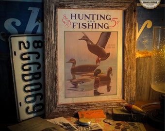 May include: A vintage framed print of a hunting and fishing advertisement from September 1935. The print features three ducks in flight and the text "Hunting and Fishing 5c".