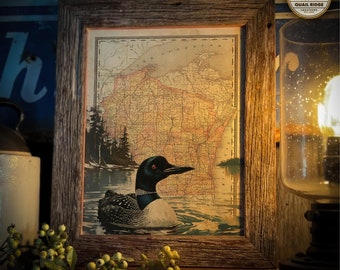 Vintage Wisconsin State Map Art Print 11X14 Unframed Wildlife Gift Common Loon Hunting Fishing Cabin Deer Camp Lake House Wall Decor