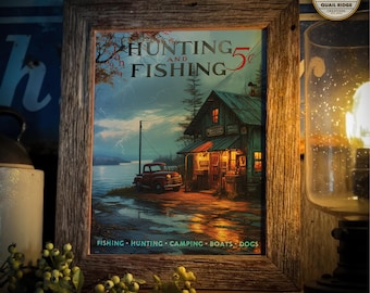 Vintage Hunting Fishing Magazine Cover Art Print: Cabin Lake House Decor