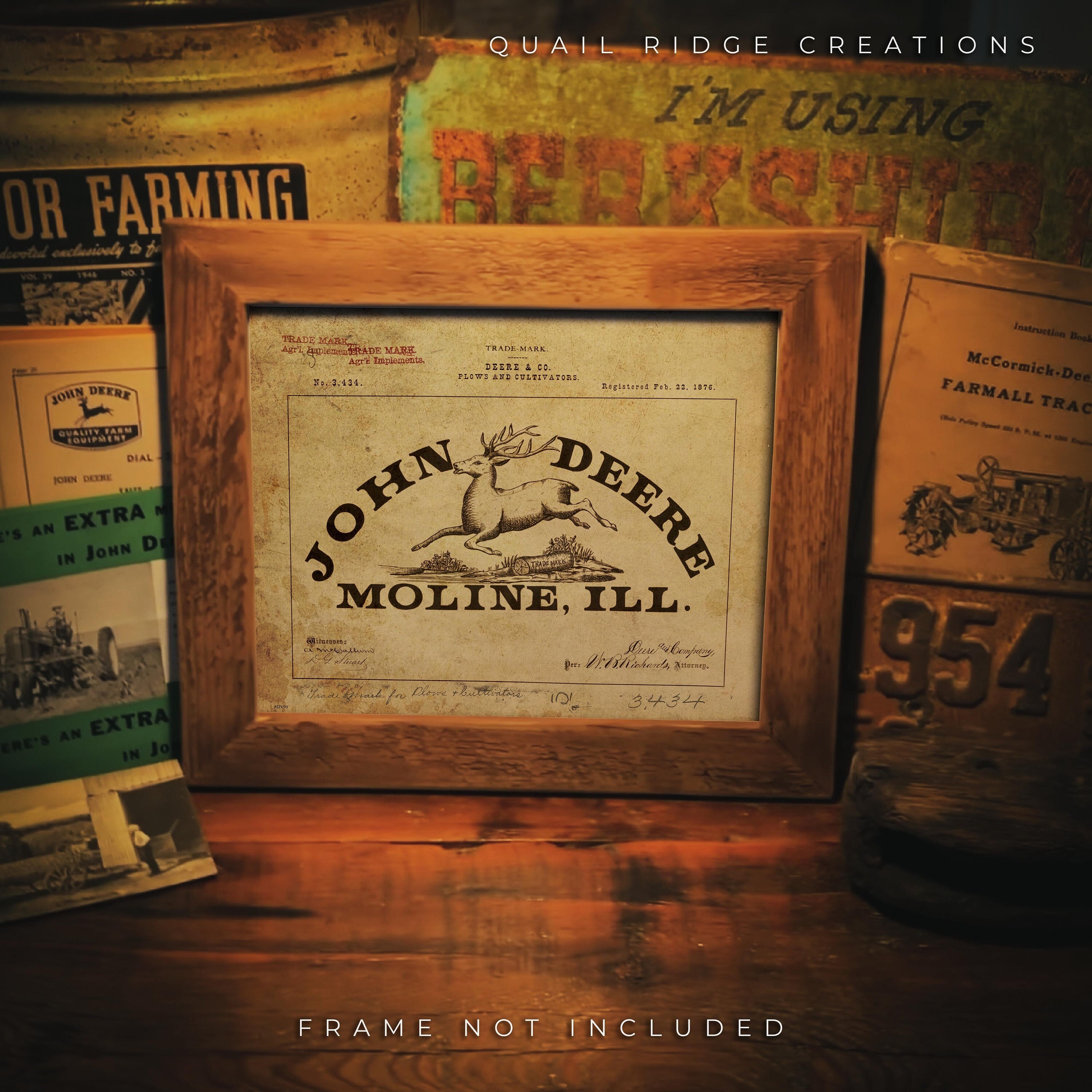 Vintage 1876 John Deere Tractor Trademark Logo Poster Art Print 8x10 Unframed Moline Illinois Kids Room Farming Office Wall Decor Gift