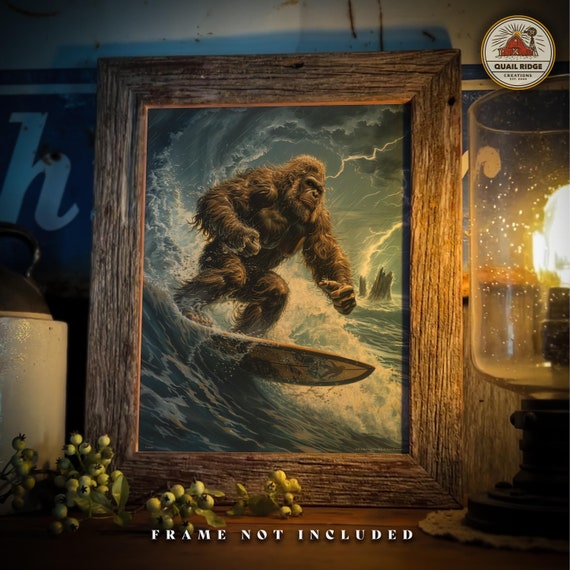 Sasquatch Surfing Art Print: Bigfoot on Surfboard, Beach House