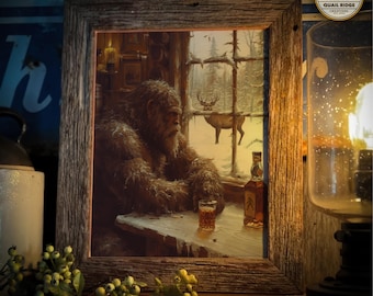 Vintage Sasquatch Bigfoot Art Print 11x14 Inches Unframed Sasquatch Whiskey Art for Bar Deer Camp Hunting Cabin Wall Decor Bigfoot Gift