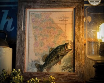 Vintage Georgia Map Art Print: Largemouth Bass, Lake House Decor