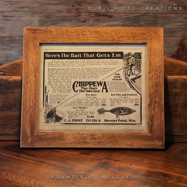 Vintage 1915 Chippewa Bait Fishing Lure Magazine Advertising Art Print 8x10 Unframed Hunting Fishing Cabin Wall Decor Gift