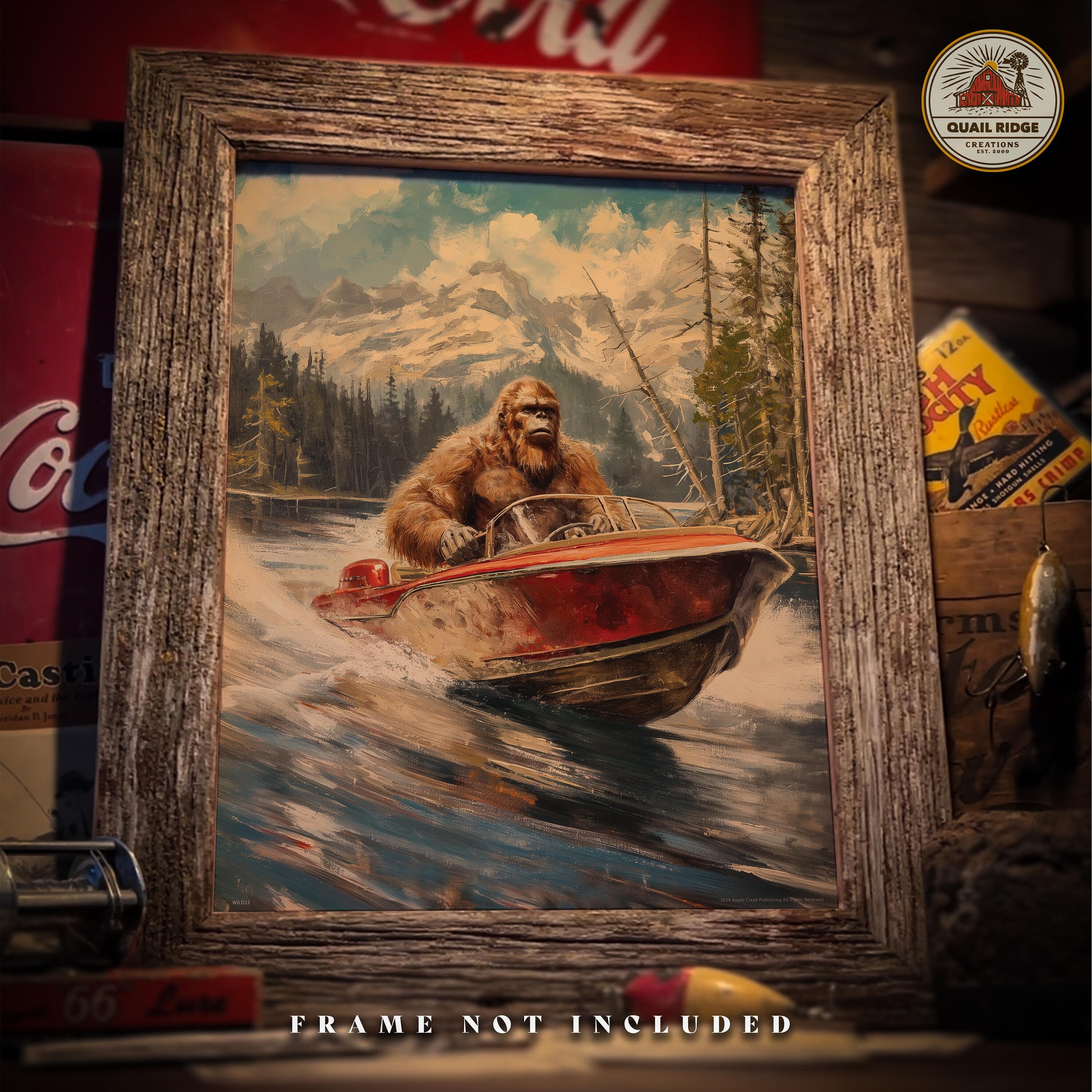 Sasquatch Motorboat Art Print: Bigfoot in Speedboat, Cabin Wall