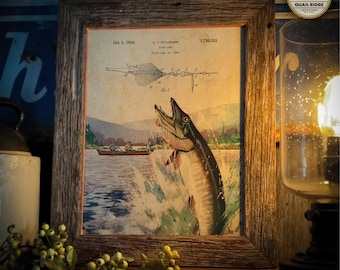 Vintage Muskie Fishing Lure Patent Art Print: Cabin Lake House Decor