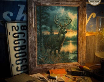 May include: A framed print of a white-tailed deer standing in a forest clearing with a lake in the background. The deer is looking to the right, and the sky is filled with dramatic clouds and lightning. The print is in a rustic wooden frame.