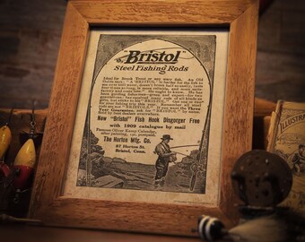 Vintage 1909 Bristol Rods Fishing Lure Magazine Advertising Art