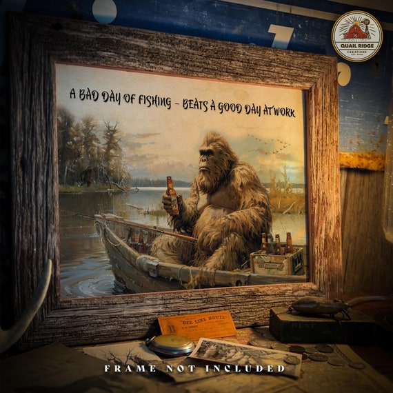 Vintage Bigfoot Fishing Art Print: Sasquatch Cabin Decor (11x14