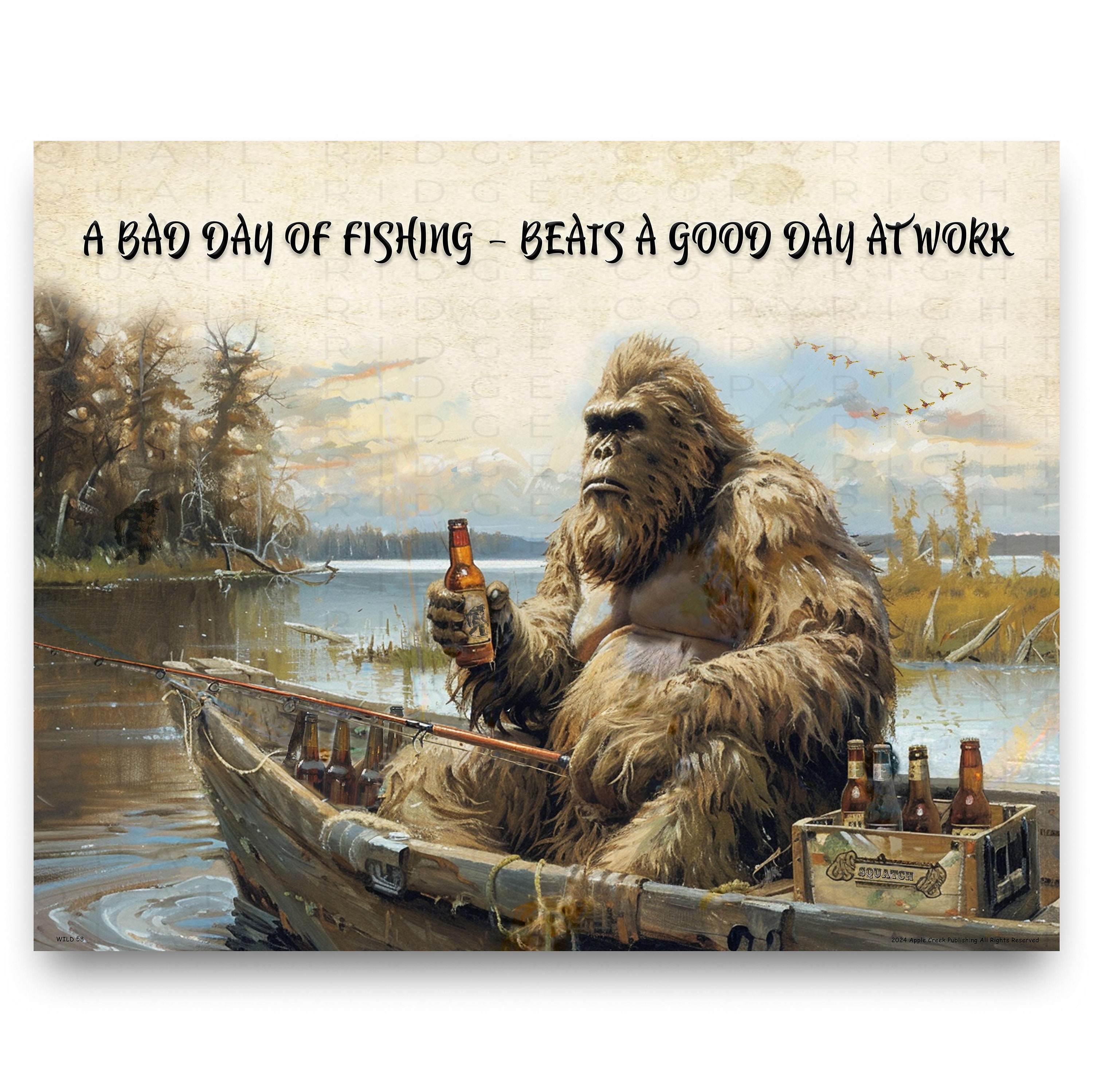 Vintage Bigfoot Fishing Art Print: Sasquatch Cabin Decor (11x14
