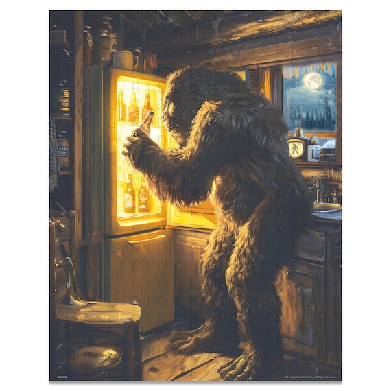Sasquatch Beer Art Print: Bigfoot in Cabin, Vintage Wall Decor