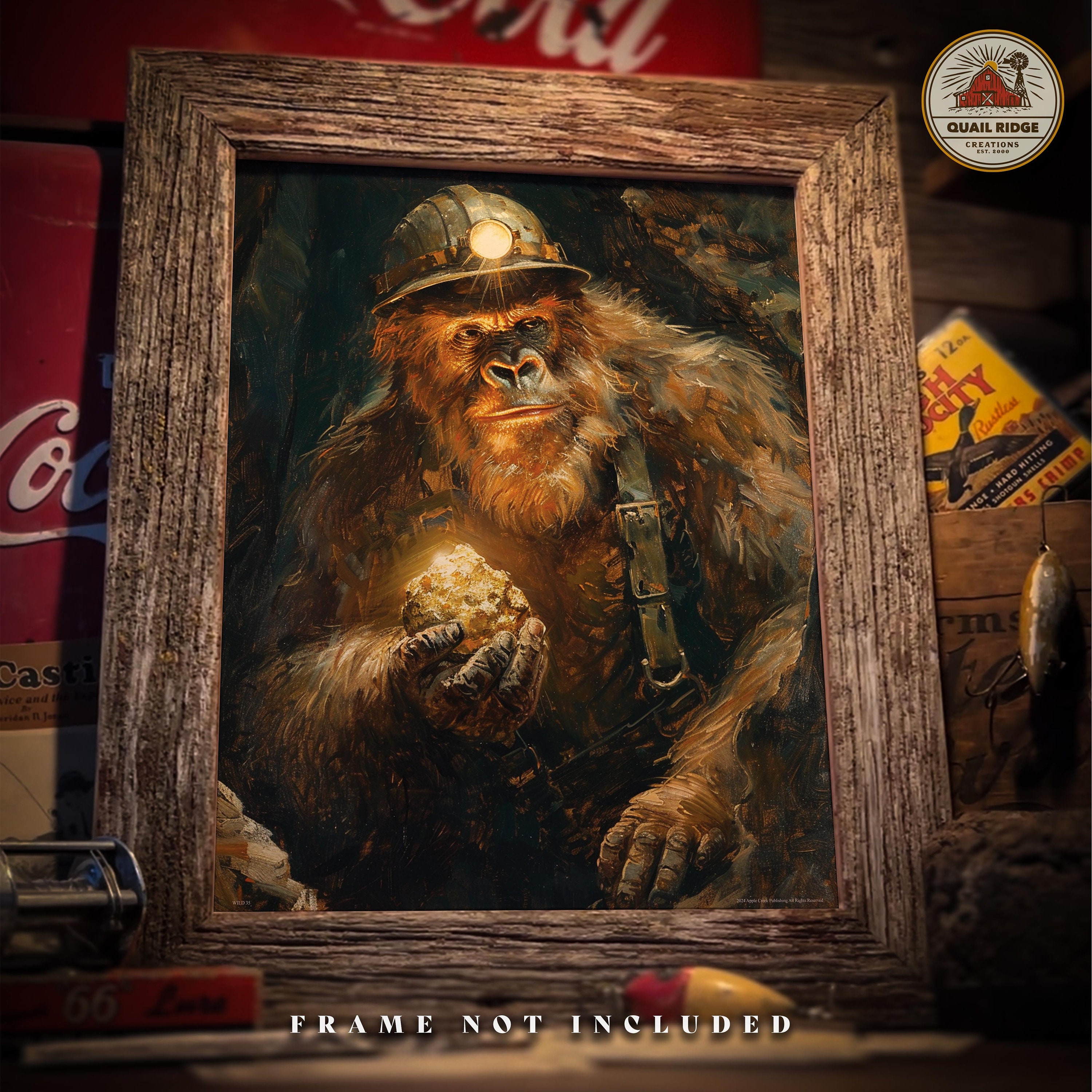 Vintage Bigfoot Gold Miner Art Print: Sasquatch Gold Panning