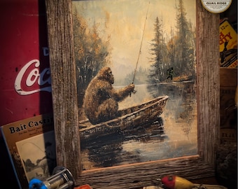 Vintage Sasquatch Bigfoot Art Print 11x14 Inches Unframed Sasquatch Fly Fishing Art for Fishing Cabin Hunting Wall Decor Bigfoot Gift