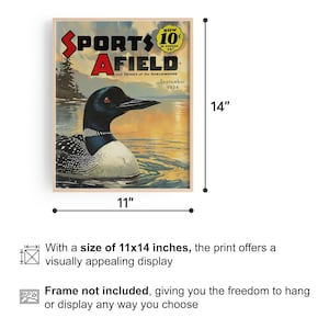 May include: A vintage magazine cover featuring a loon swimming in a lake at sunset. The magazine is titled "Sports Afield" and the cover text reads "Land Trails of the Northwoods" and "September 1934". The magazine is 11 inches wide and 14 inches tall.