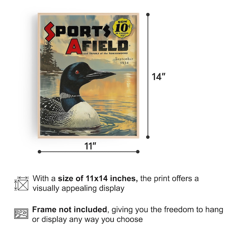 May include: A vintage magazine cover featuring a loon swimming in a lake at sunset. The magazine is titled "Sports Afield" and the cover text reads "Land Trails of the Northwoods" and "September 1934". The magazine is 11 inches wide and 14 inches tall.